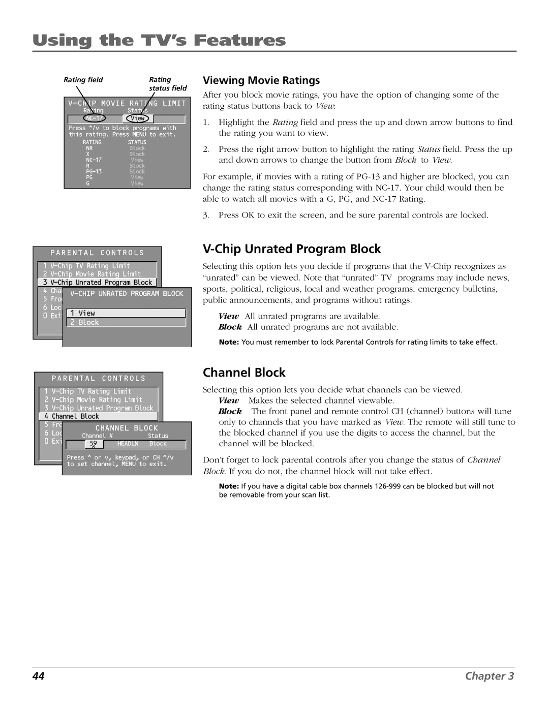 RCA F32650, F36650, F27650 manual Chip Unrated Program Block, Channel Block, Viewing Movie Ratings 