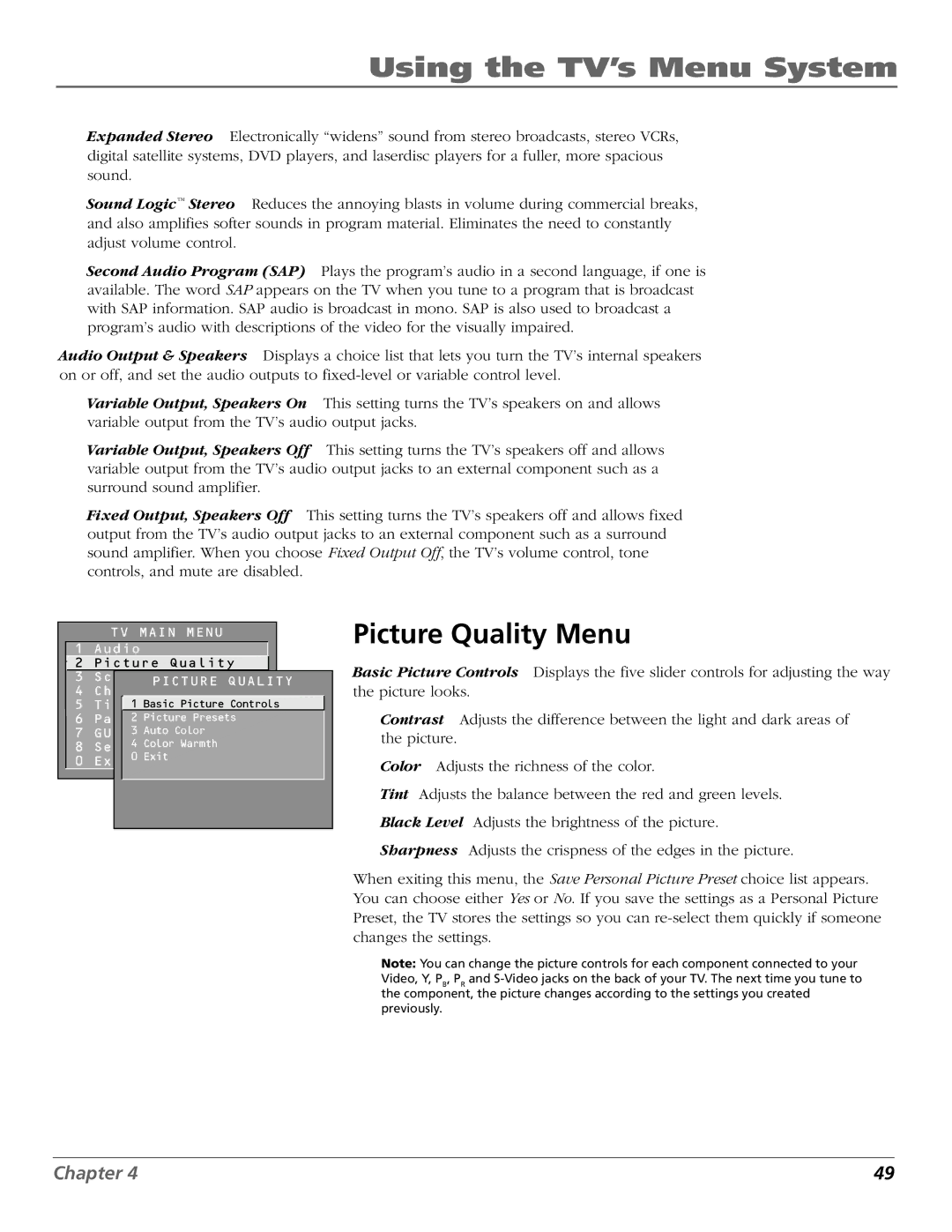 RCA F36650, F32650, F27650 manual Picture Quality Menu 