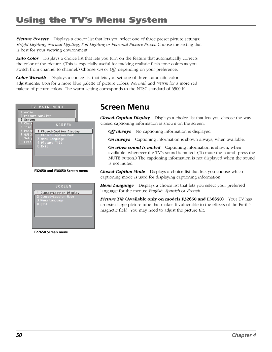 RCA F32650, F36650, F27650 manual Screen Menu 