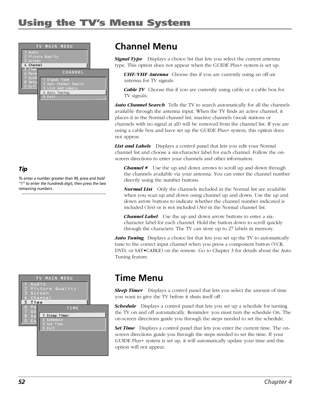 RCA F36650, F32650, F27650 manual Channel Menu, Time Menu 