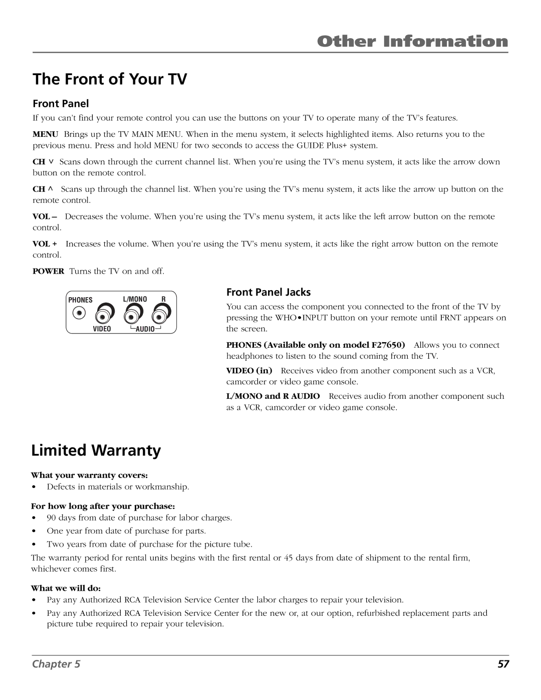 RCA F27650, F36650, F32650 manual Front of Your TV, Limited Warranty, Front Panel Jacks 