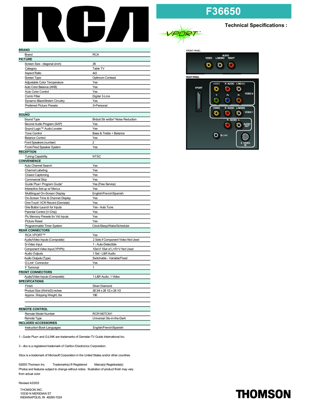 RCA F36650 manual Brand, Picture, Sound, Reception, Convenience, Rear Connectors, Front Connectors, Specifications 