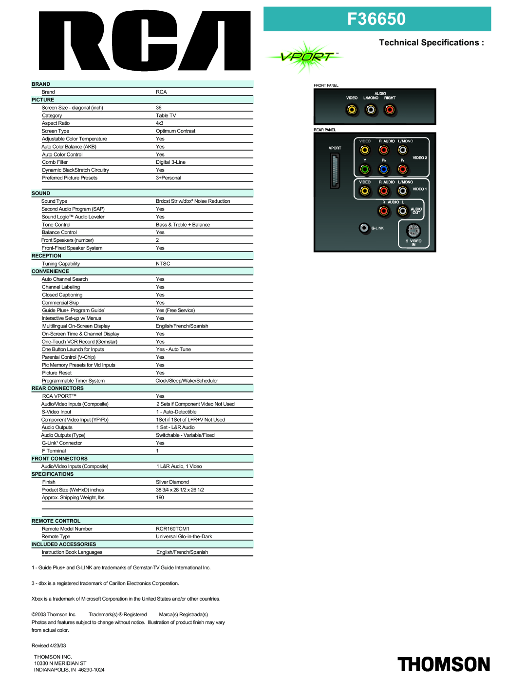 RCA F36650 manual Technical Specifications 