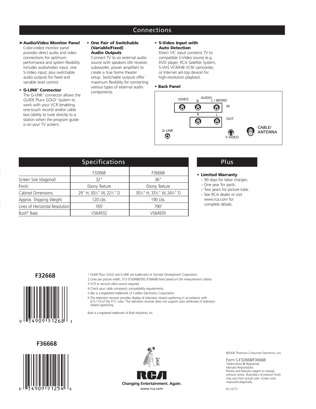 RCA F36668 manual Connections, Specifications, Plus 