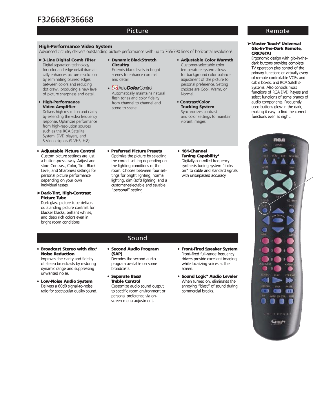 RCA manual Picture, Remote, Sound, F32668/F36668, High-Performance Video System 
