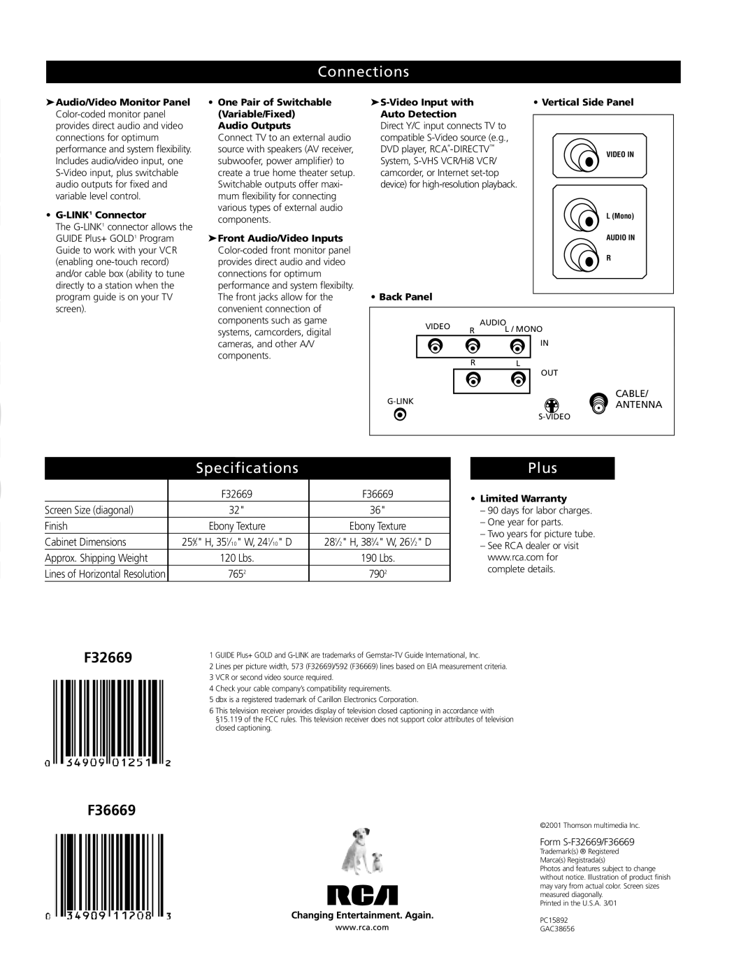 RCA F36669 manual Connections, Specifications, Plus 