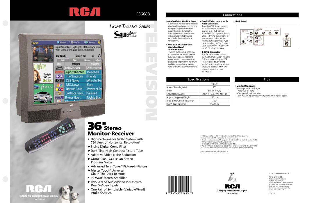 RCA F36688 specifications Auto Detection, One Pair of Switchable, Variable/Fixed, Audio Outputs Link Connector 