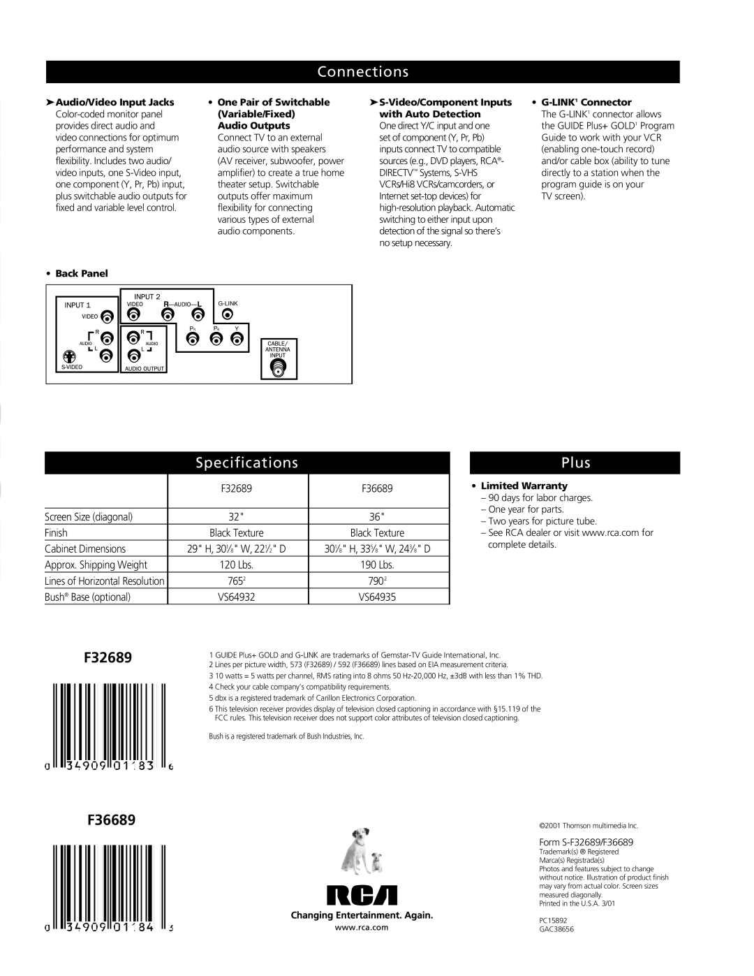 RCA F36689, F32689 manual Connections, Specifications Plus, LINK1Connector, Back Panel, Limited Warranty 