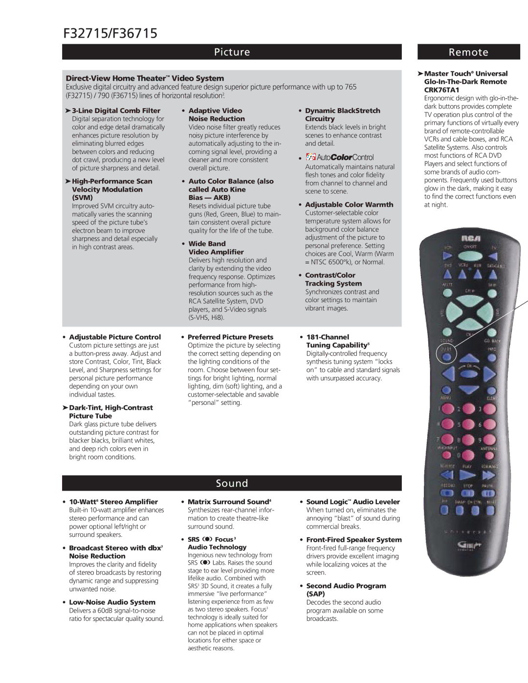 RCA F36715, F32715 manual Picture, Remote, Sound 