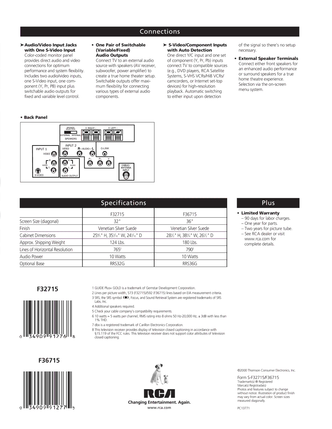 RCA F36715, F32715 manual Connections, Specifications, Plus 