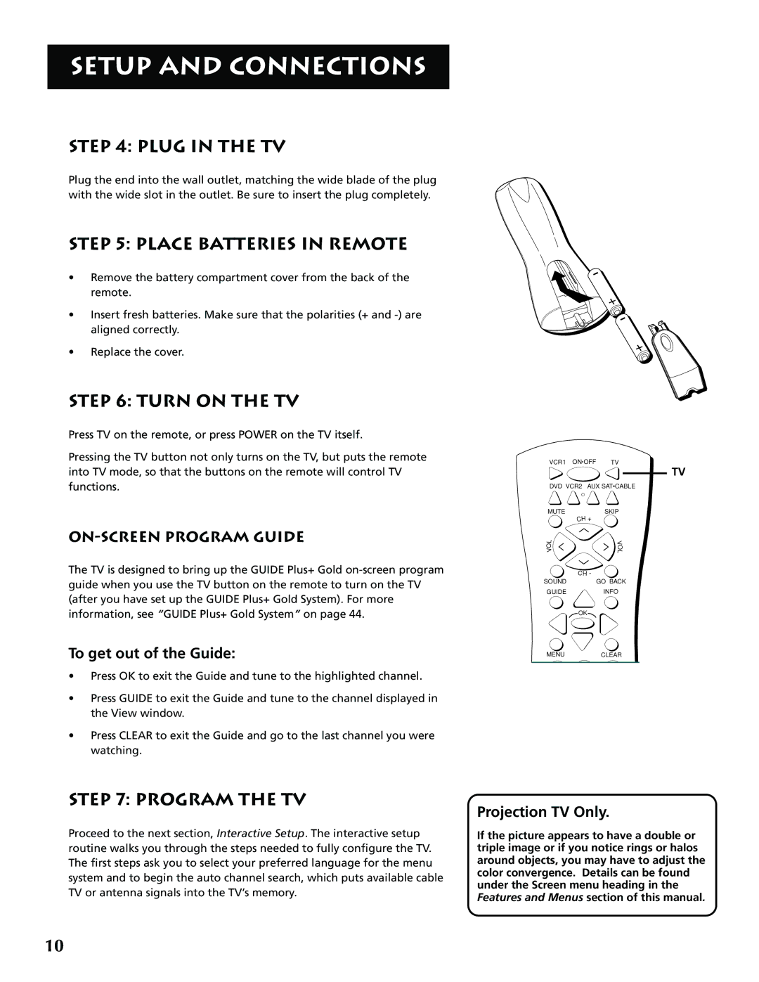 RCA F36715, F32715 manual Plug in the TV, Place Batteries in Remote, Turn on the TV, Program the TV, ON-SCREEN Program Guide 