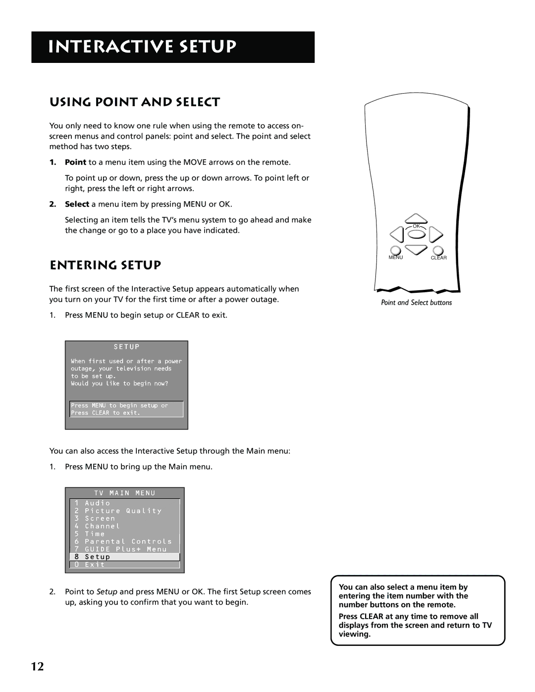 RCA F36715, F32715 manual Using Point and Select, Entering Setup 