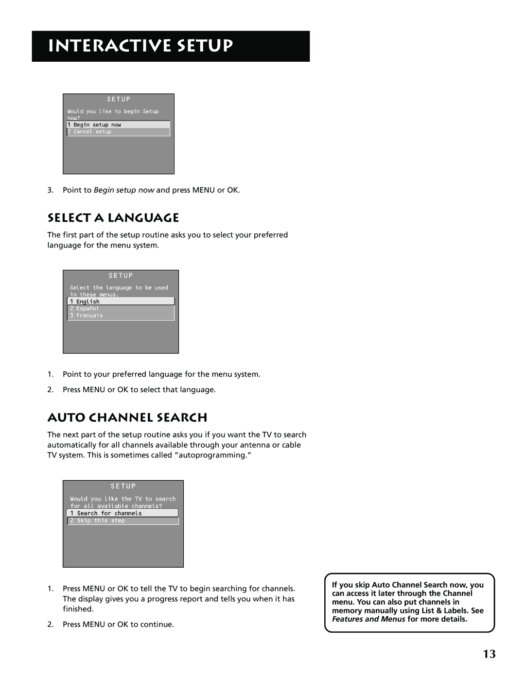 RCA F32715, F36715 manual Select a Language, Auto Channel Search 