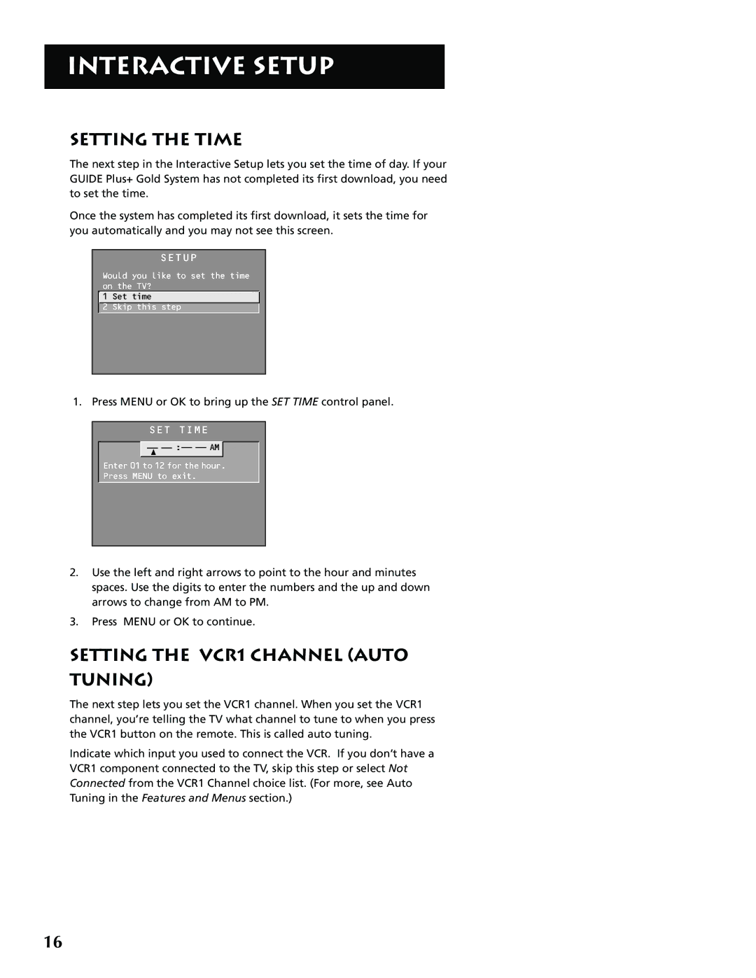 RCA F36715, F32715 manual Setting the Time, Setting the VCR1 Channel Auto Tuning 