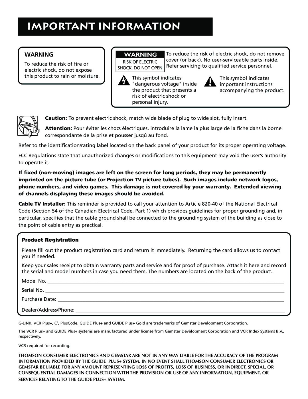 RCA F36715, F32715 manual Important Information 