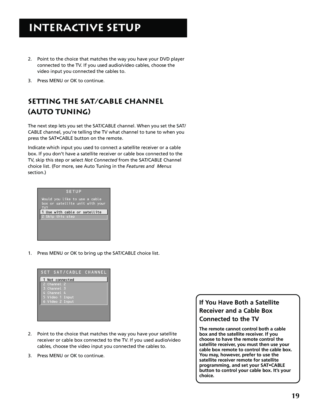 RCA F32715, F36715 manual Setting the SAT/CABLE Channel Auto Tuning 