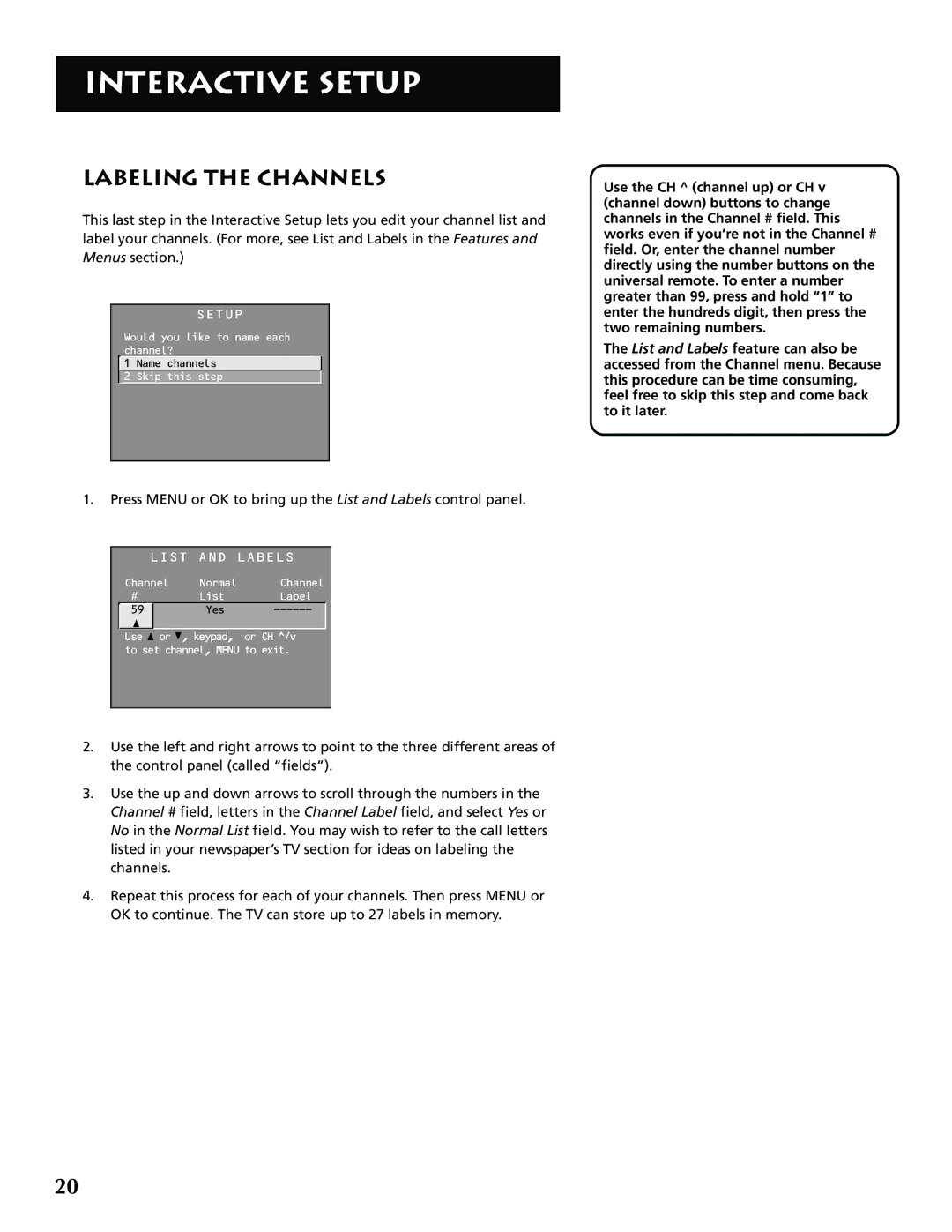 RCA F36715, F32715 manual Labeling the Channels, List and Labels 