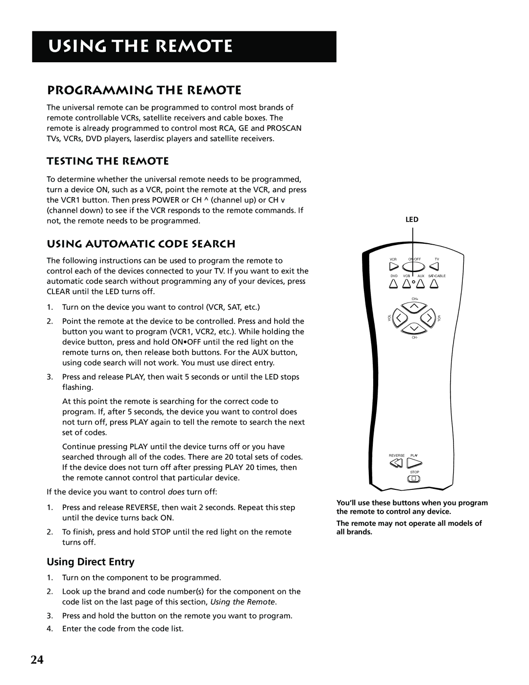 RCA F36715, F32715 manual Programming the Remote, Testing the Remote, Using Automatic Code Search, Using Direct Entry 