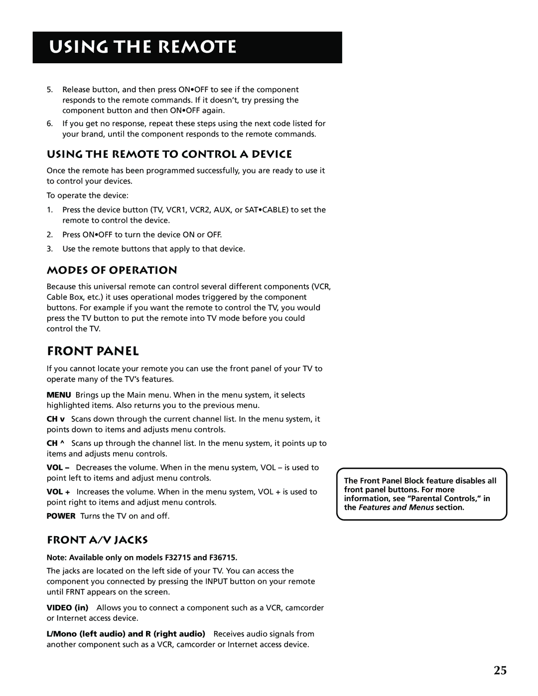 RCA F32715, F36715 manual Front Panel, Using the Remote to Control a Device, Modes of Operation, Front A/V Jacks 
