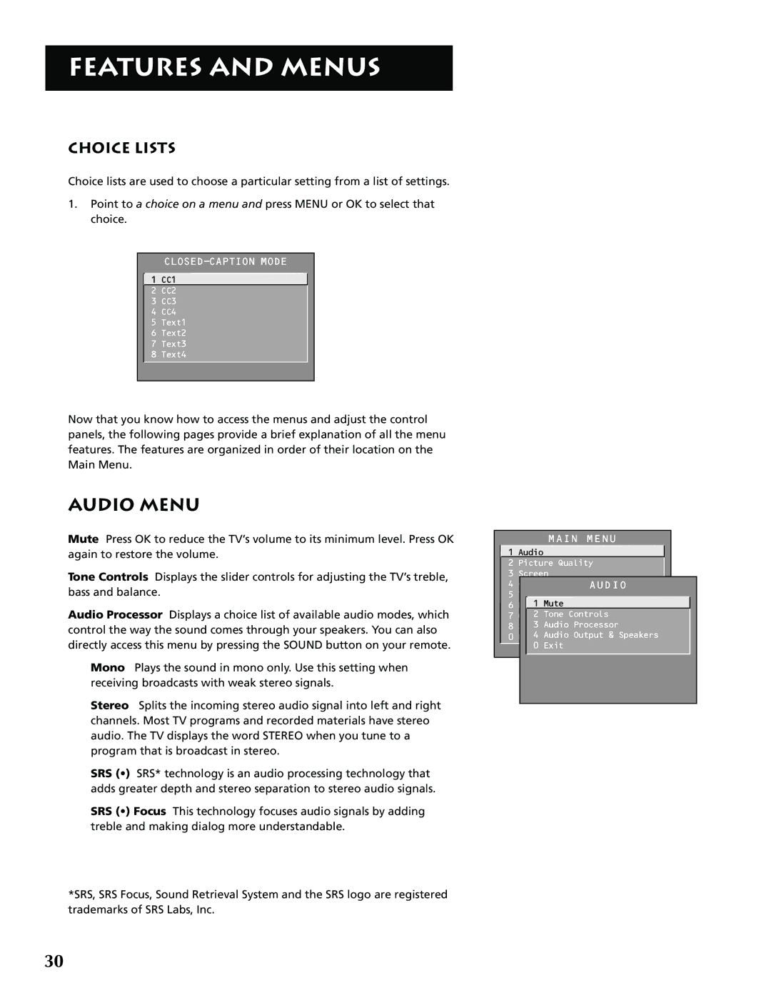 RCA F36715, F32715 manual Audio Menu, Choice Lists 