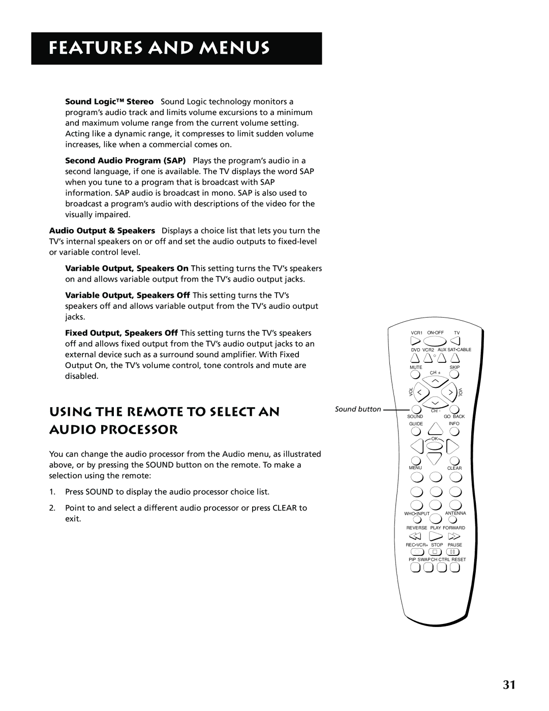 RCA F32715, F36715 manual Using the Remote to Select AN, Audio Processor 