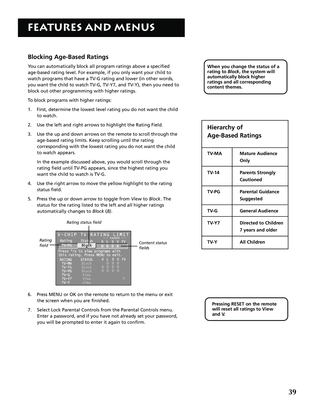 RCA F32715, F36715 manual Blocking Age-Based Ratings, Hierarchy Age-Based Ratings 