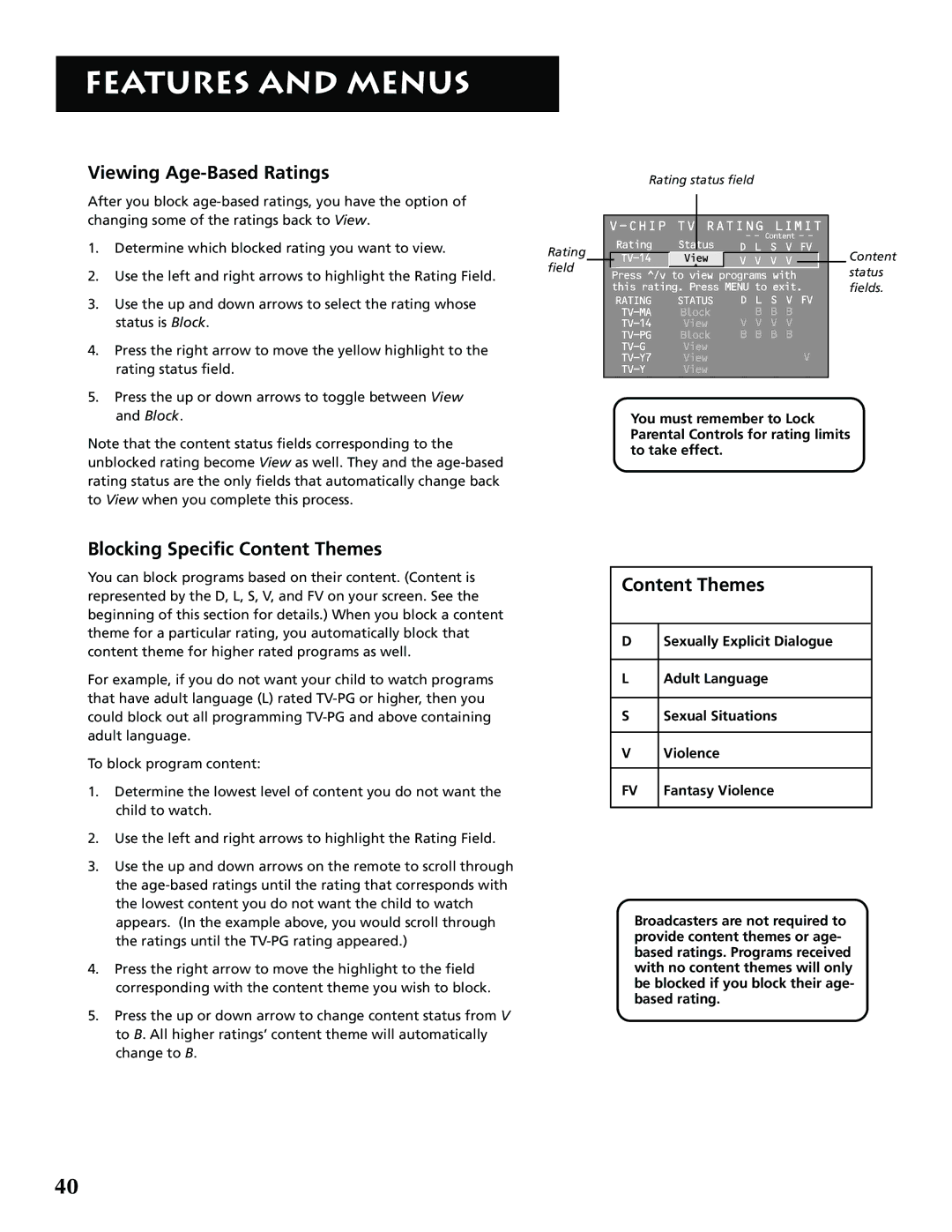 RCA F36715, F32715 manual Viewing Age-Based Ratings, Blocking Specific Content Themes 