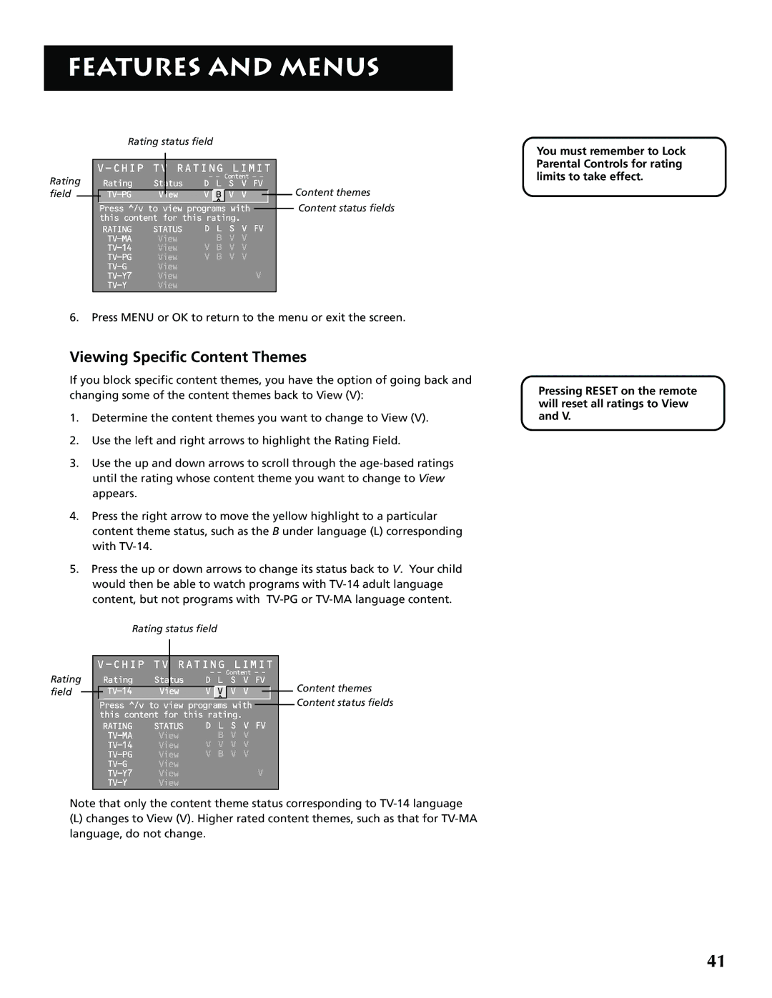 RCA F32715, F36715 manual Viewing Specific Content Themes, Field 