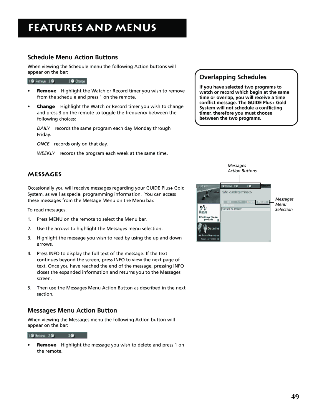 RCA F32715, F36715 manual Schedule Menu Action Buttons, Messages Menu Action Button, Overlapping Schedules 