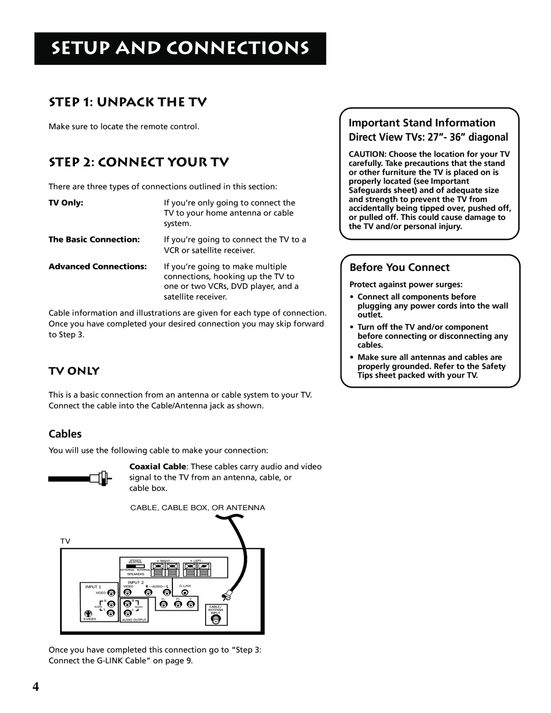 RCA F36715, F32715 manual Unpack the TV, Connect Your TV, TV only, Cables, Before You Connect 