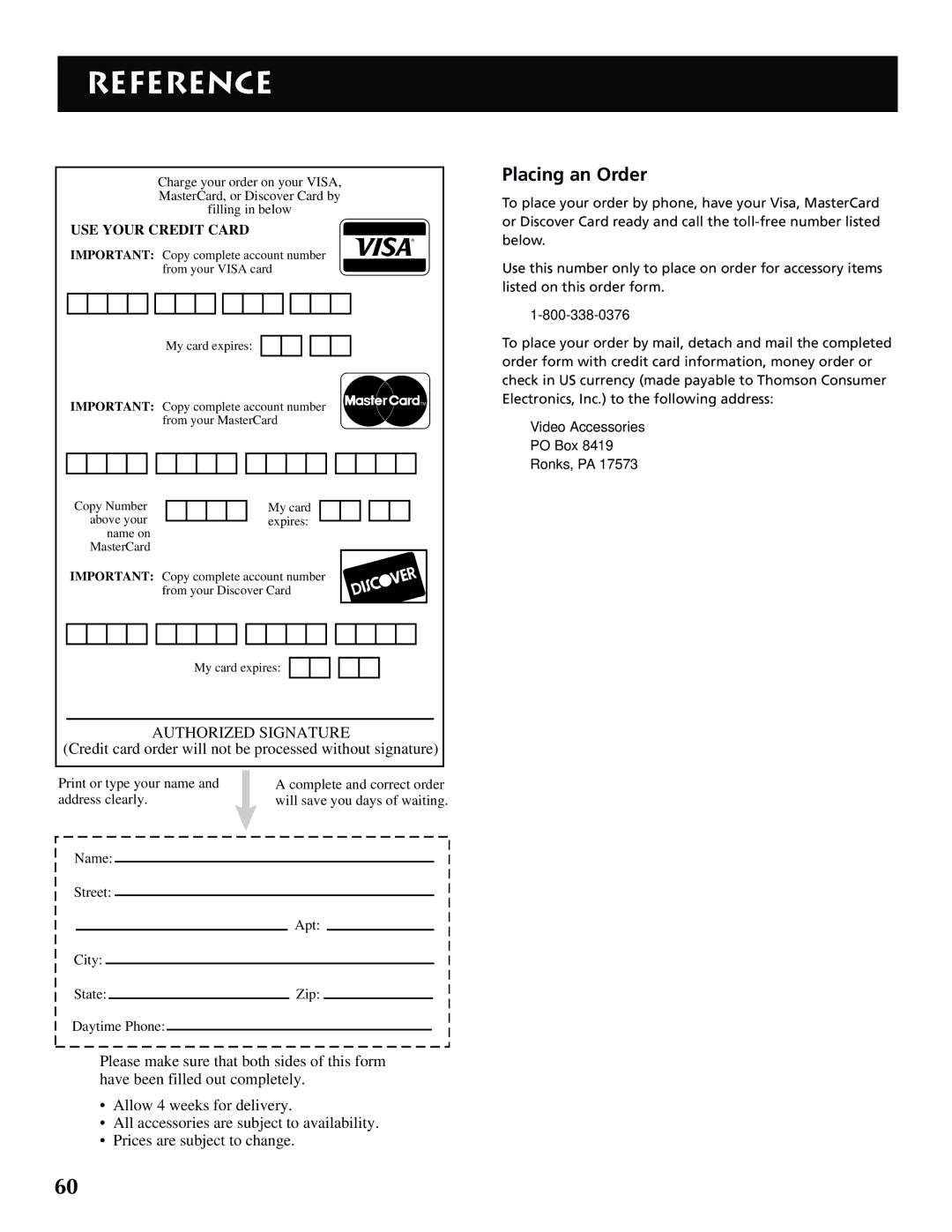 RCA F36715, F32715 manual Placing an Order, Video Accessories PO Box Ronks, PA 