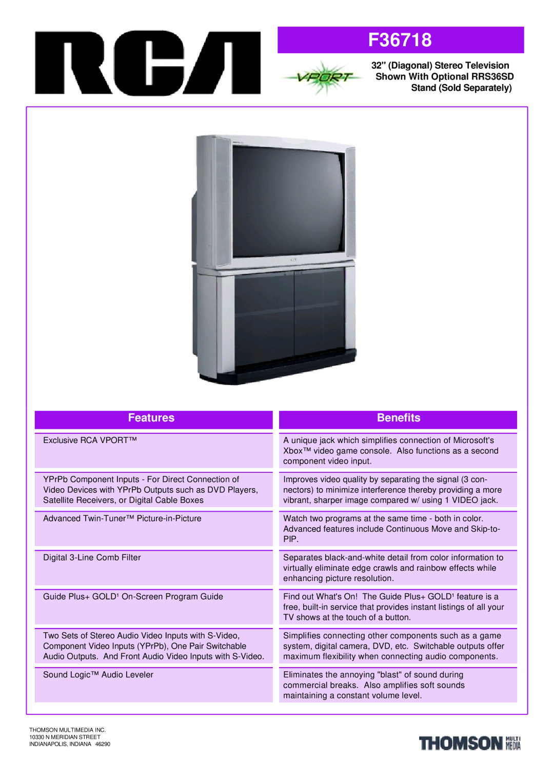 RCA F36718 manual Features, Benefits 