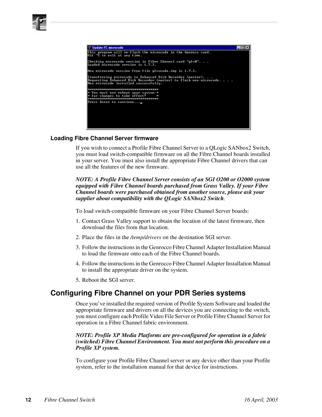 RCA Fibre Channel Switch Configuring Fibre Channel on your PDR Series systems, Loading Fibre Channel Server firmware 