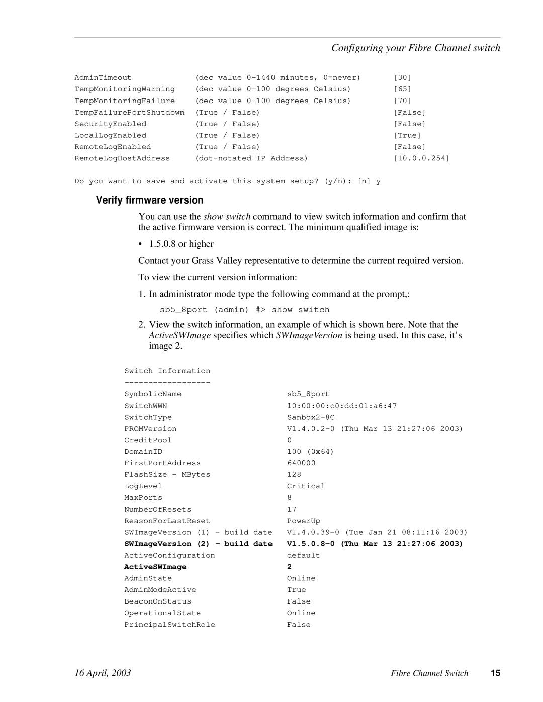 RCA Fibre Channel Switch installation manual Configuring your Fibre Channel switch, Verify firmware version 