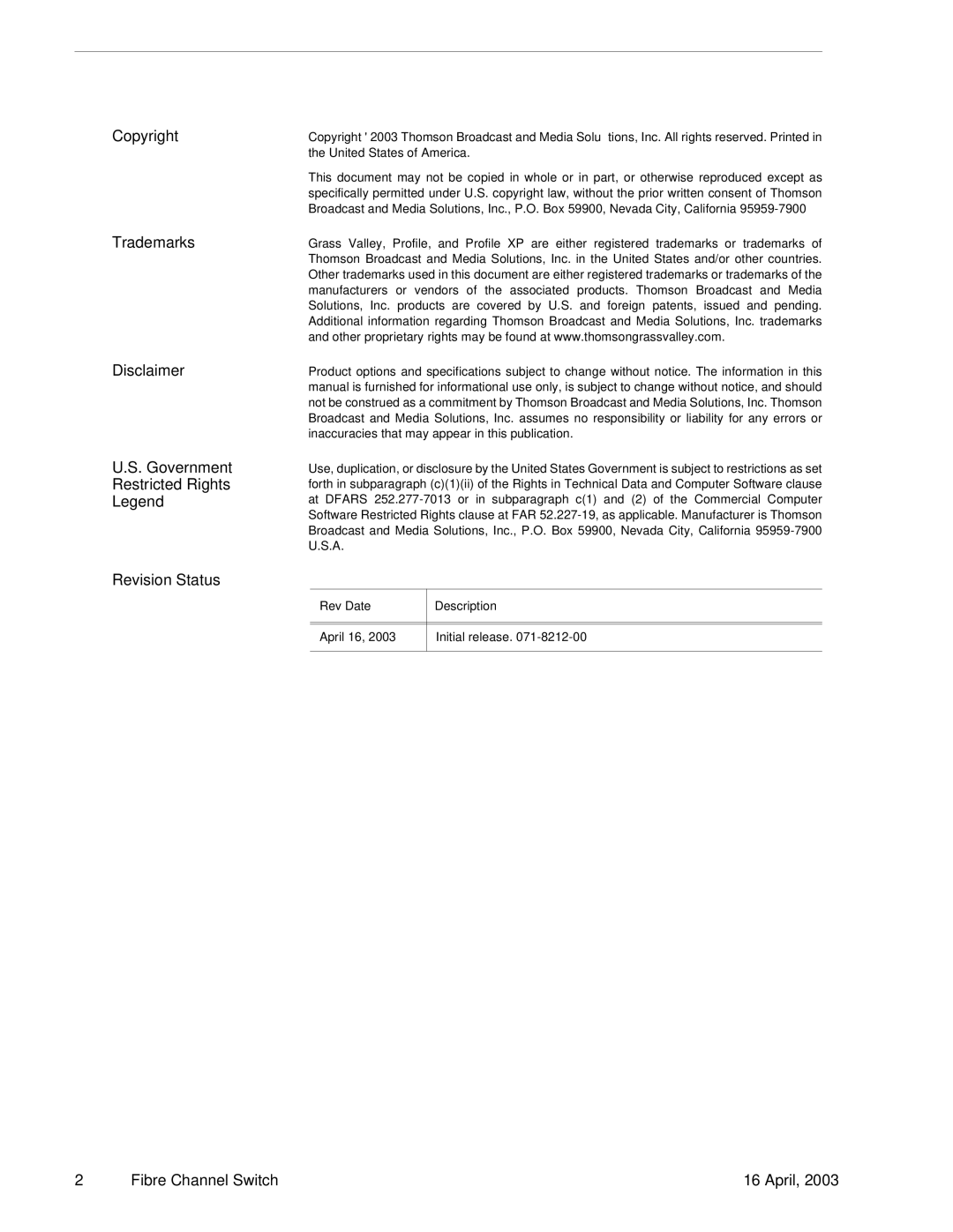 RCA Fibre Channel Switch installation manual 