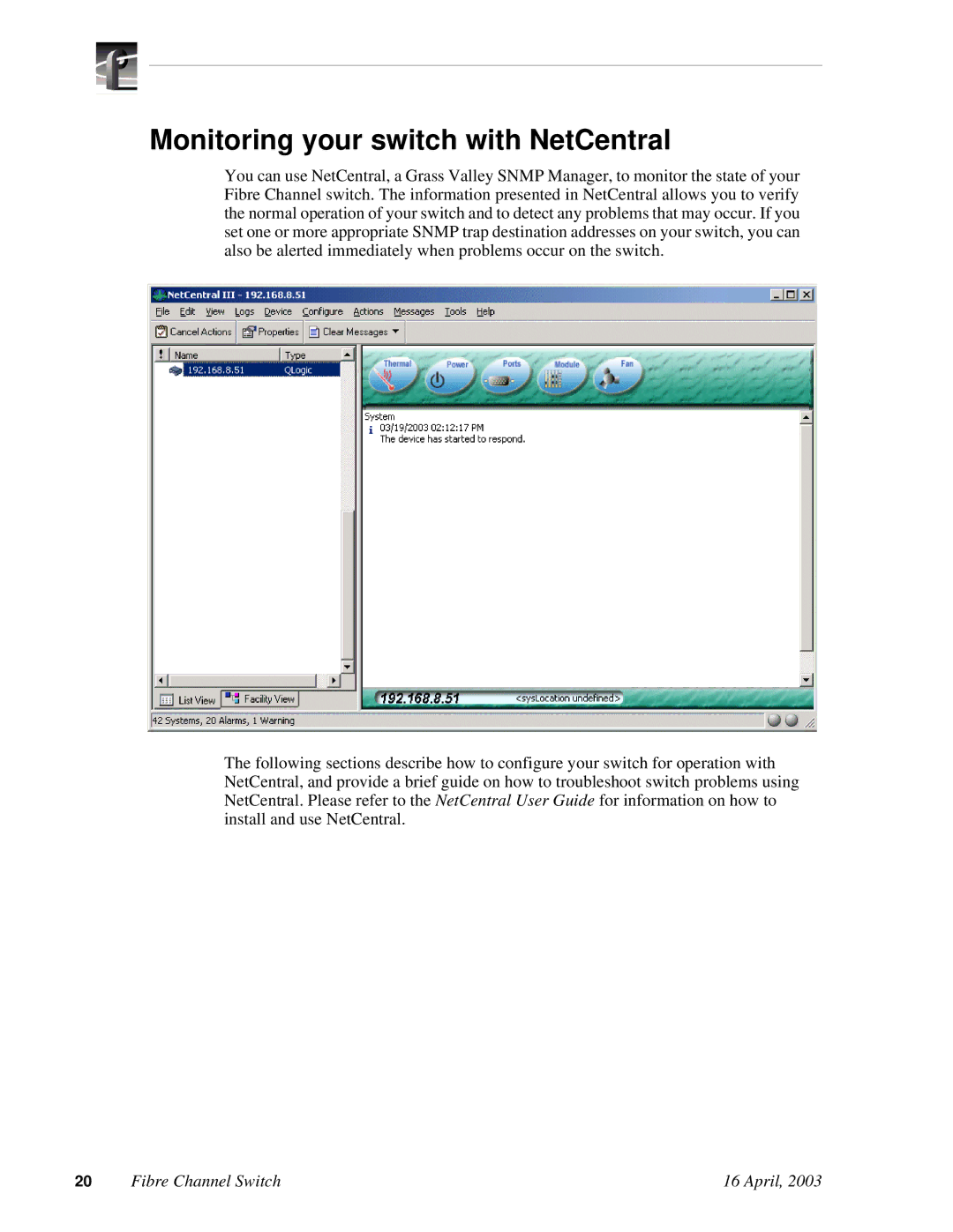 RCA Fibre Channel Switch installation manual Monitoring your switch with NetCentral 