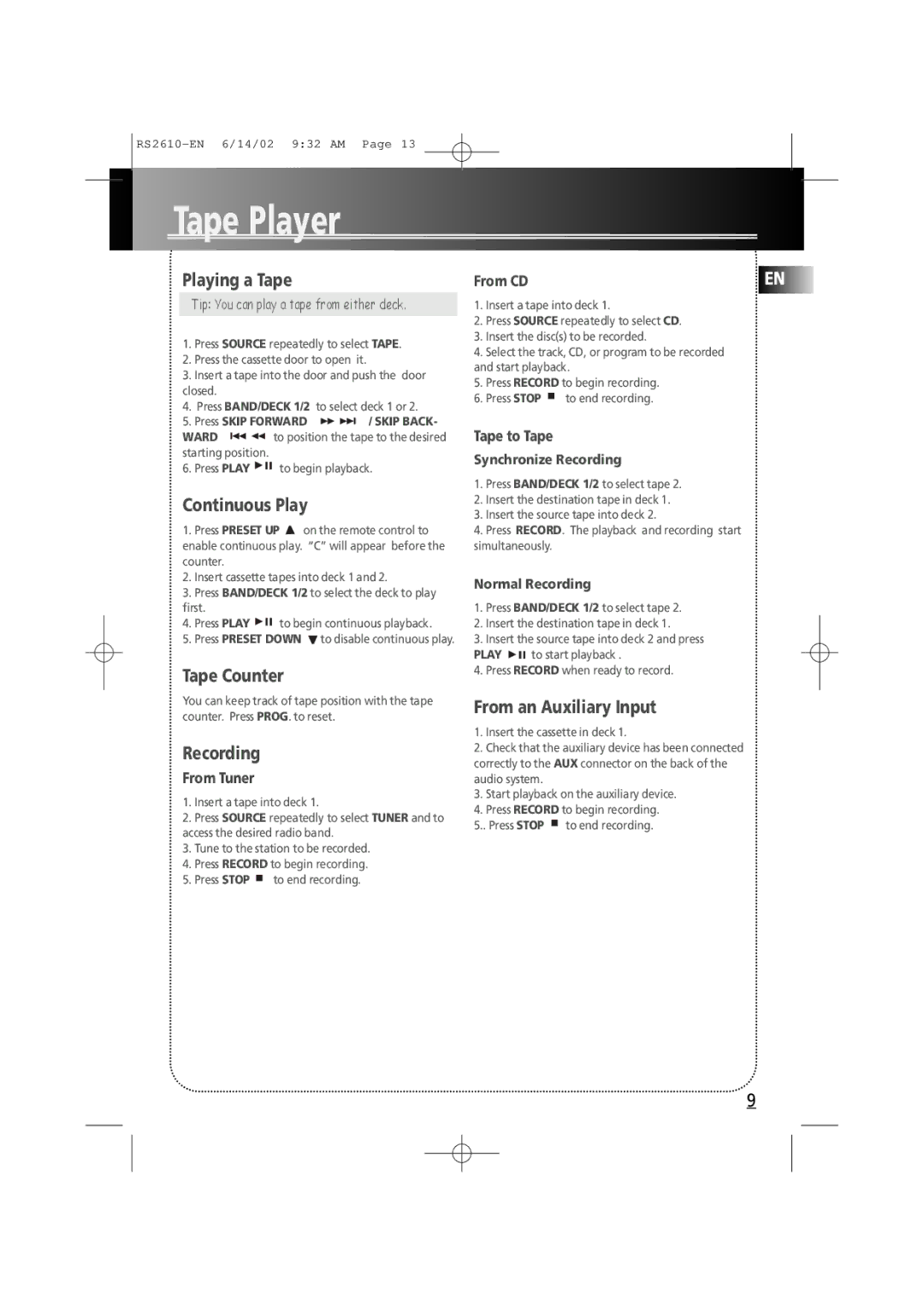 RCA fm radio tuner manual Tape Player, Playing a Tape 