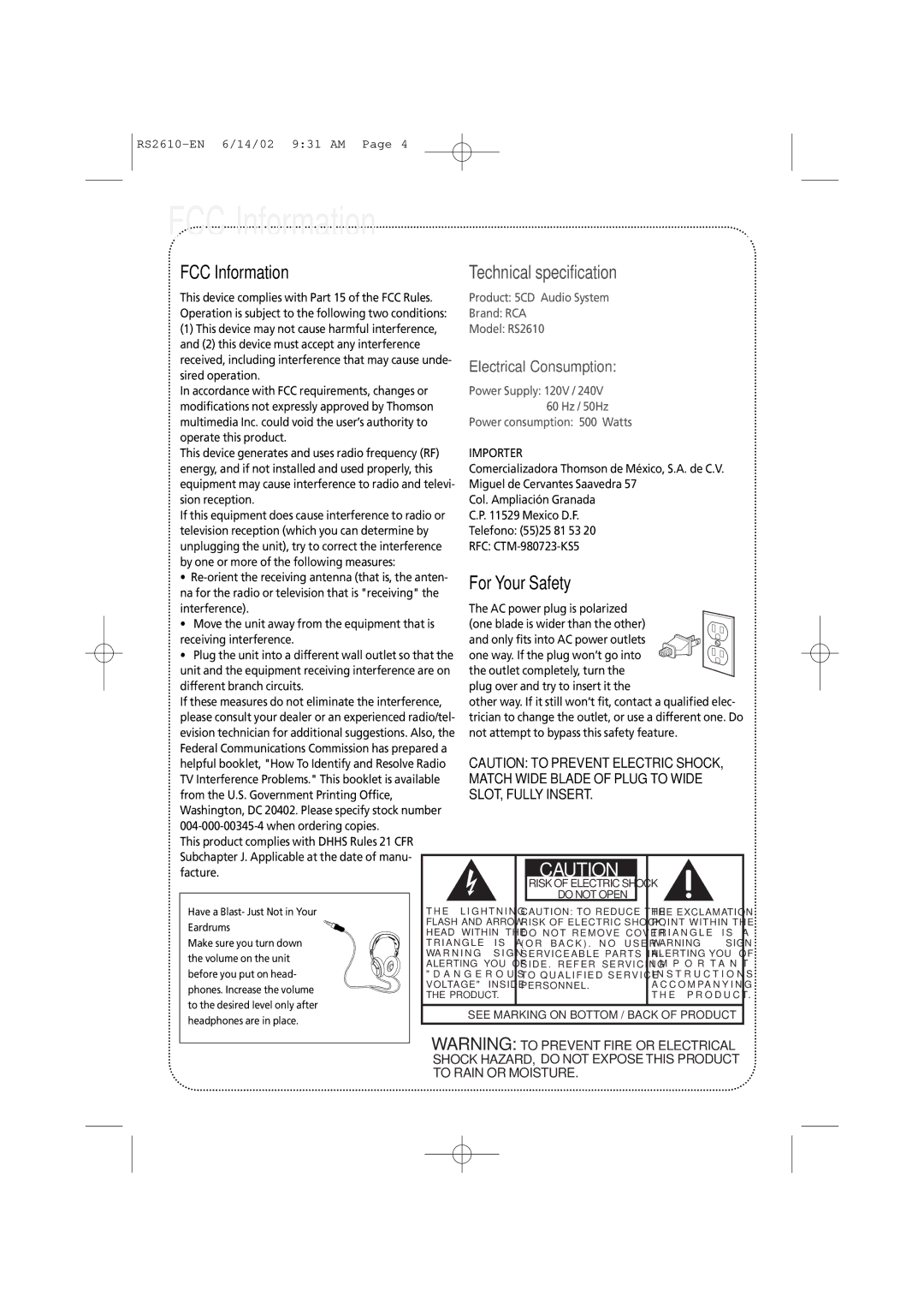 RCA fm radio tuner manual EN FCC Information, For Your Safety 