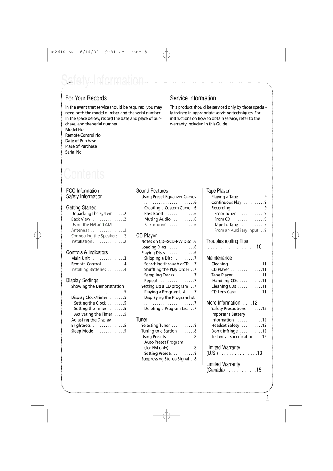 RCA fm radio tuner manual Safety Information, Contents 