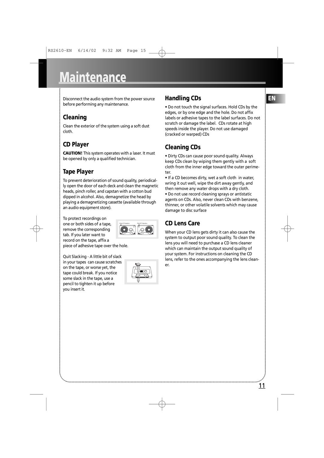 RCA fm radio tuner manual Maintenance, CD Player, Tape Player, Handling CDs, Cleaning CDs, CD Lens Care 