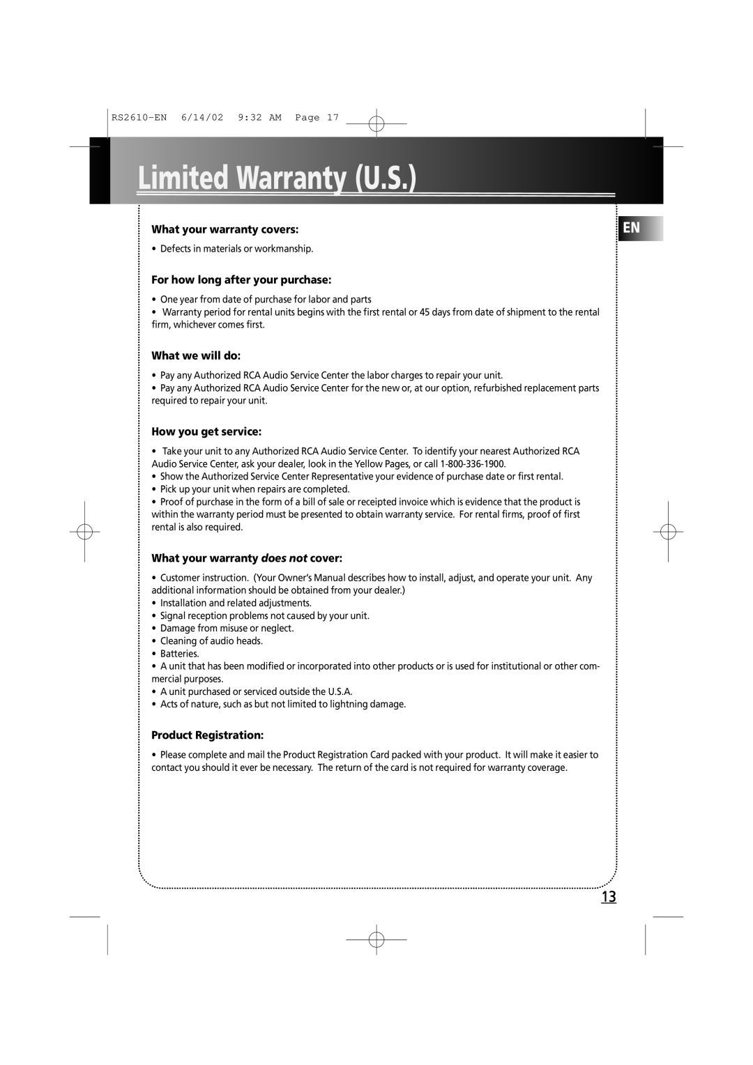 RCA fm radio tuner Limited Warranty U.S, What your warranty covers, For how long after your purchase, What we will do 