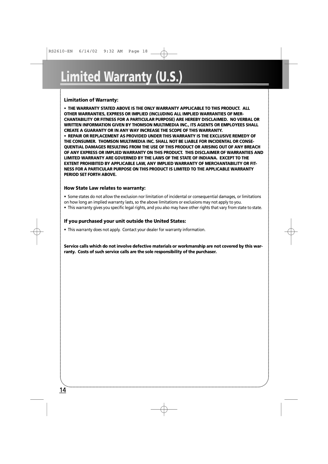 RCA fm radio tuner manual Limited Warranty U.S, Limitation of Warranty, How State Law relates to warranty 
