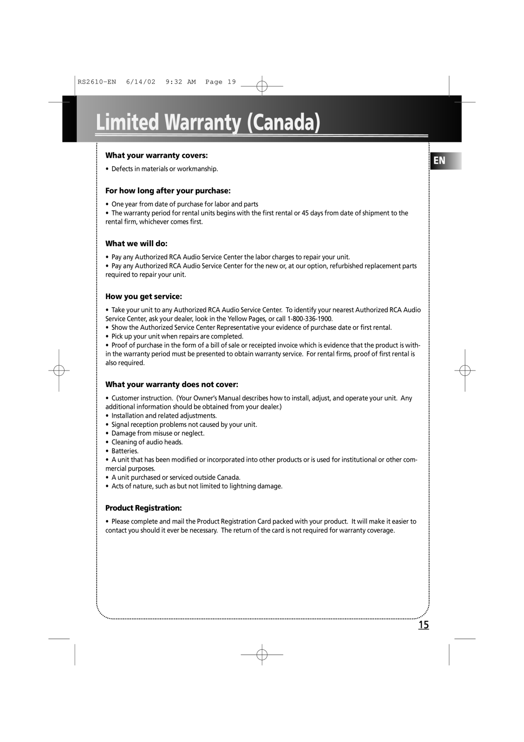 RCA fm radio tuner Limited Warranty Canada, What your warranty covers, For how long after your purchase, What we will do 