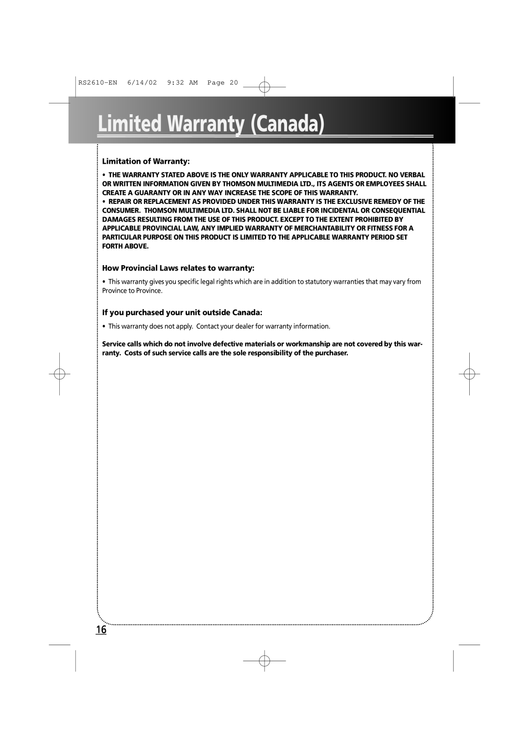 RCA fm radio tuner manual Limited Warranty Canada, Limitation of Warranty, How Provincial Laws relates to warranty 