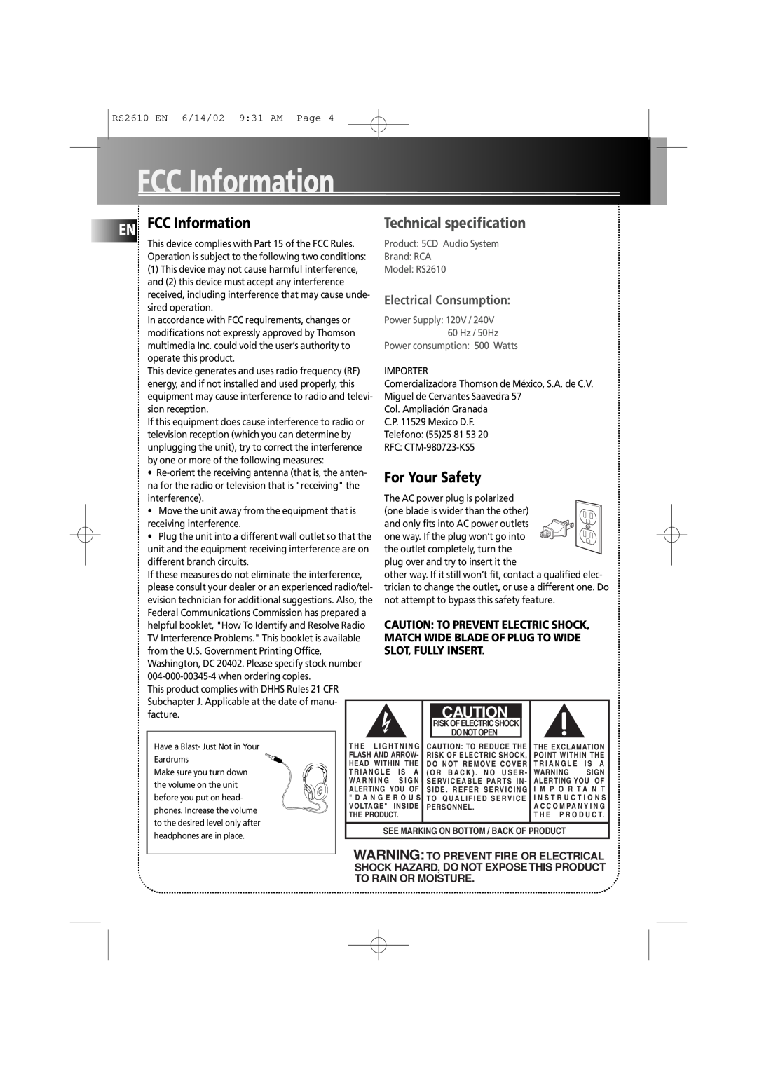 RCA fm radio tuner manual EN FCC Information, For Your Safety, Technical specification, Electrical Consumption 