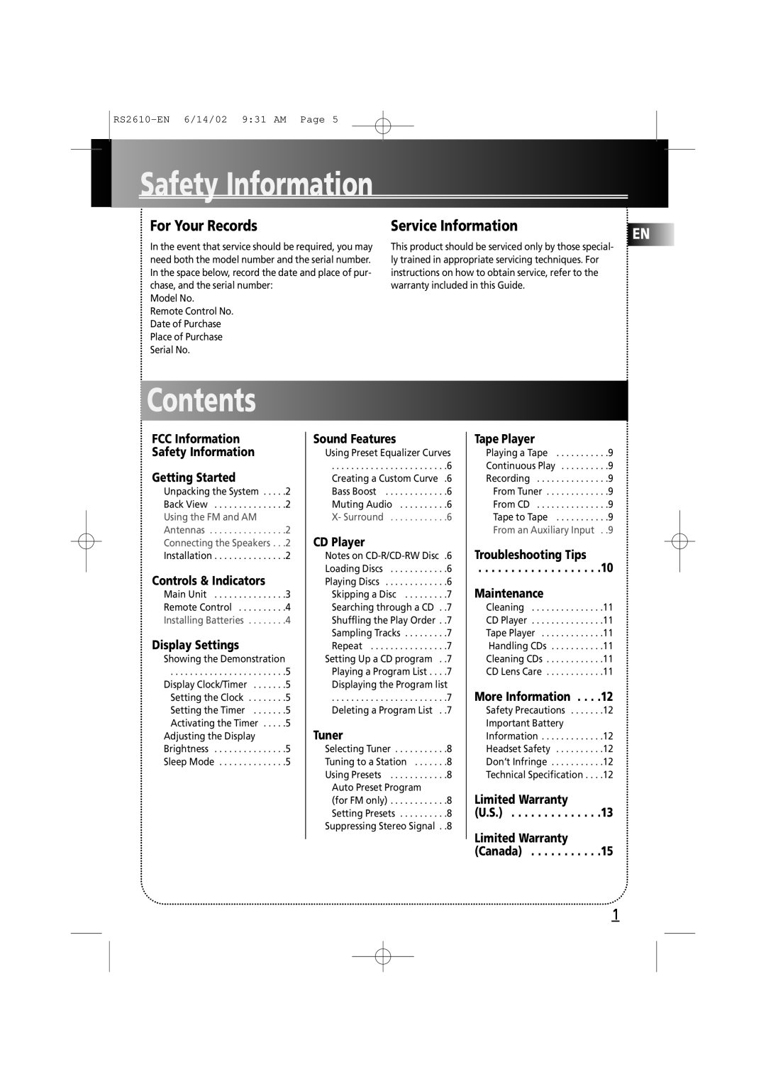 RCA fm radio tuner manual Safety Information, Contents, For Your Records, Service Information 