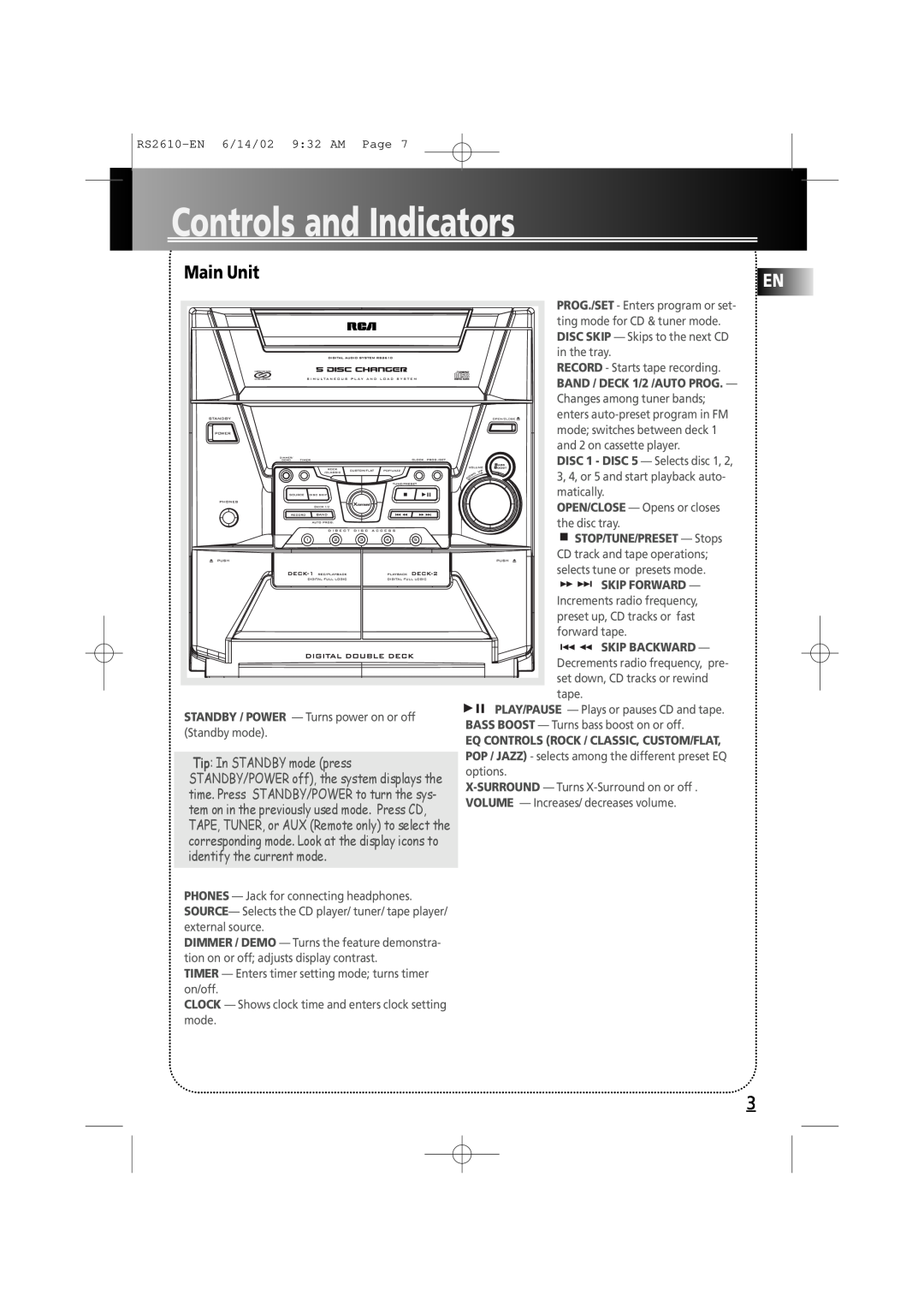 RCA fm radio tuner manual Controls and Indicators, Main Unit 