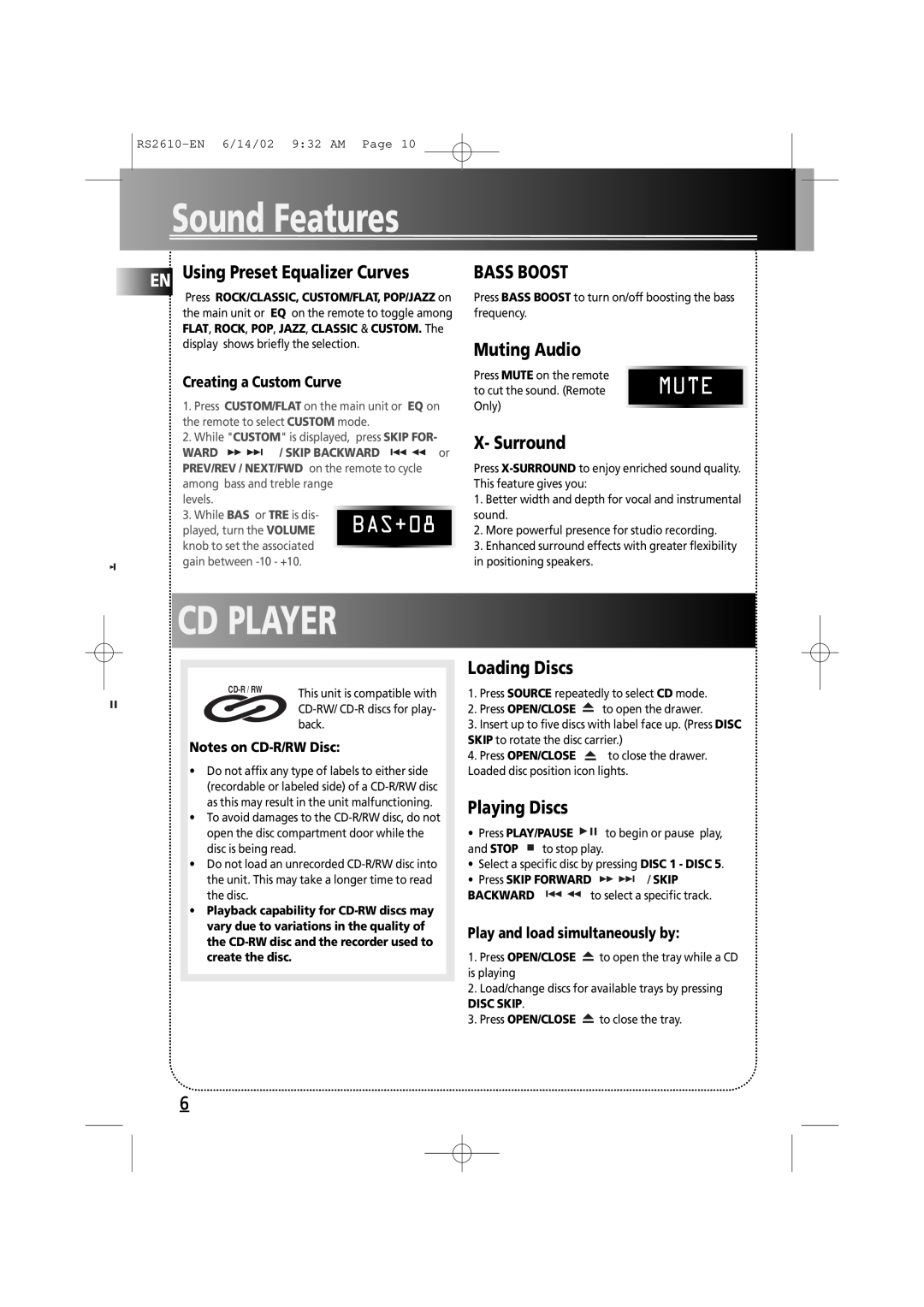 RCA fm radio tuner manual Sound Features, Cd Player, BAS+08, EN Using Preset Equalizer Curves, Bass Boost, Muting Audio 
