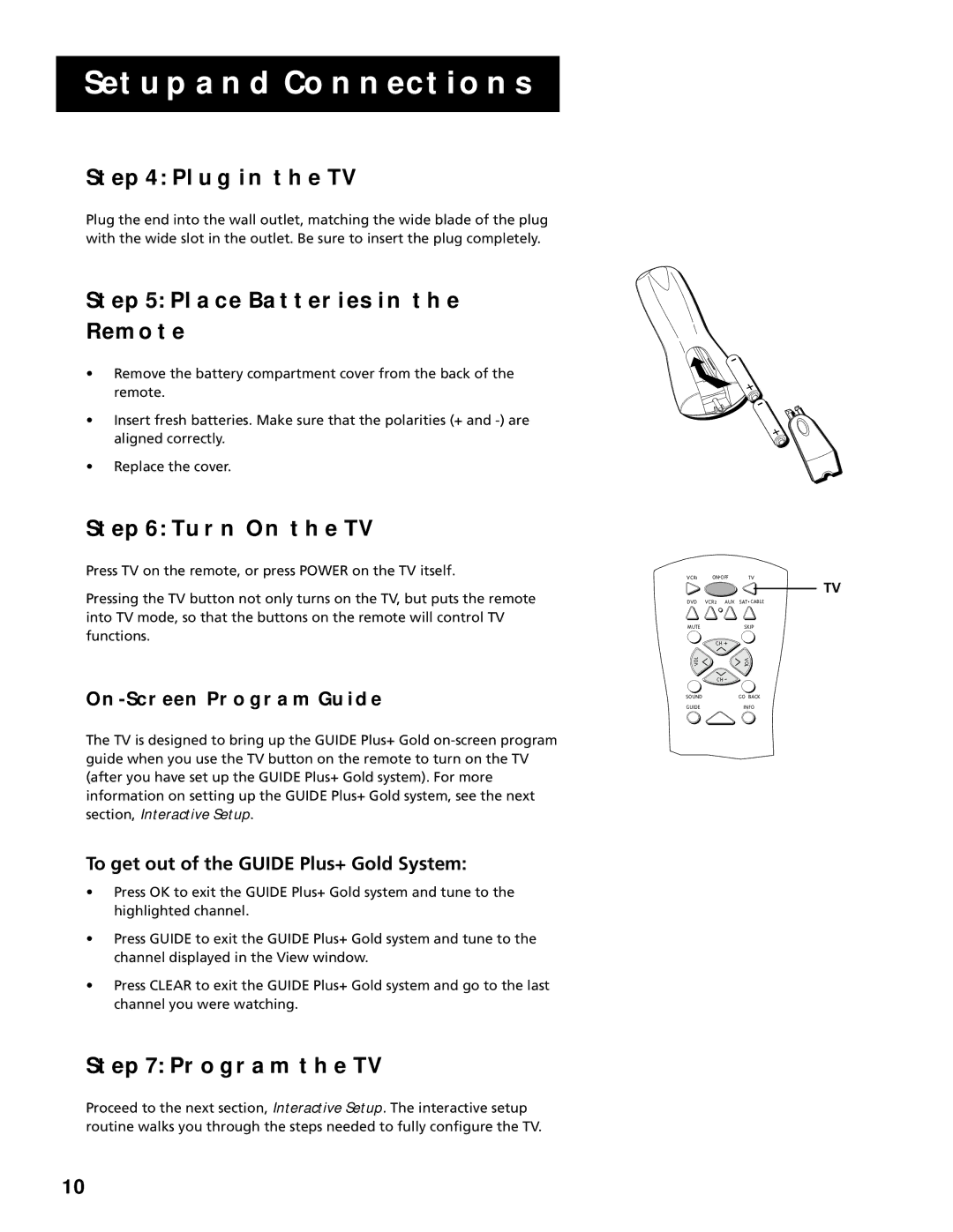 RCA G27669 manual Plug in the TV, Place Batteries Remote, Turn on the TV, Program the TV, ON-SCREEN Program Guide 