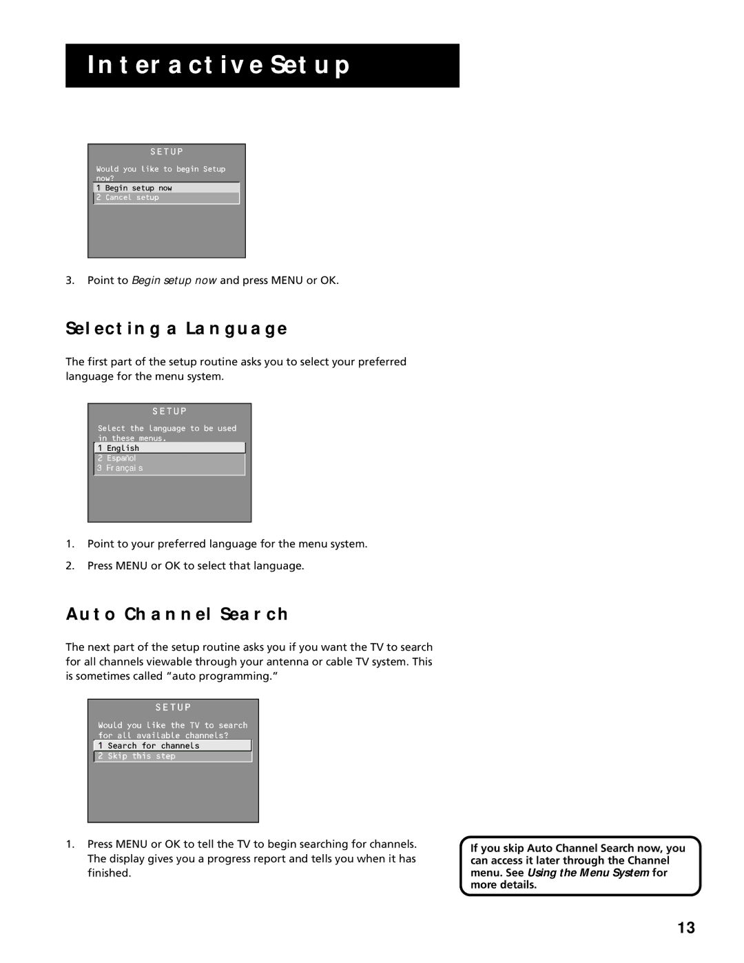 RCA G27669 manual Selecting a Language, Auto Channel Search 